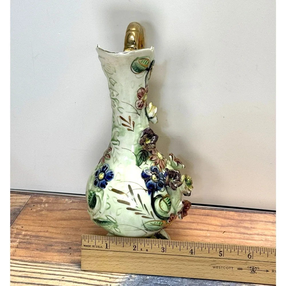 Vtg West Pac Japan‎ Porcelain Hand Painted Gold Trim Floral Relief Vase Pitcher